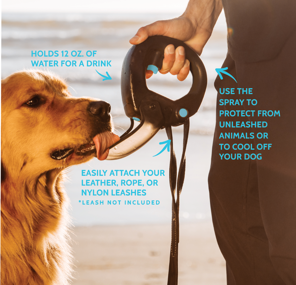 Spleash® hydration device attached to a dog leash, featuring a vibrant Arctic Teal color, designed for easy hydration and protection.